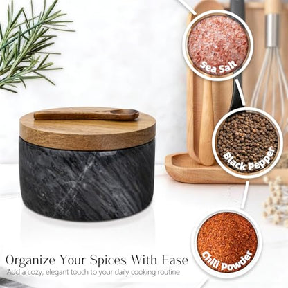 Marble Salt Cellar with Lid & Spoon, Salt Container, Salt Holder | Acacia Wood Lid, Wide Base with Non-Skid Feet, Moisture Proof Spice Cellars Keeps Salt, Pepper & Spices Dry, 6 oz (Grey) - color: Grey
