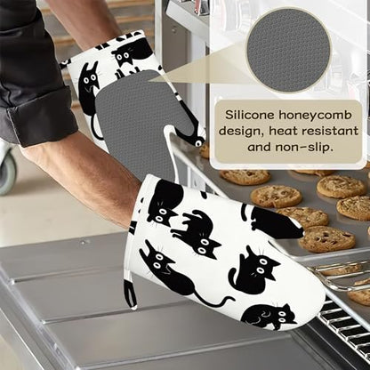 Oven Mitts and Pot Holders Cute Black Cat Silicone Kitchen Accessories Set of 4 Heat Resistant Gloves Potholder Non-Slip Grip for Chef Cooking Baking Grilling BBQ - color: Cute Black Cat