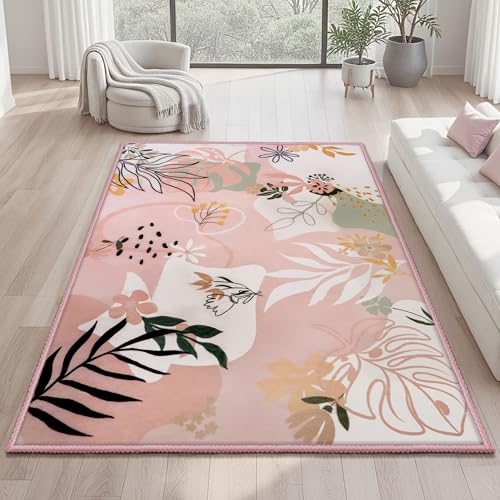 Joiedomi 5x7 Area Rugs for Living Room Non-Slip Washable Rug with Rubber Backing Large Soft Art Floral Carpet for Bedroom Kids Nursery Dining Room (Pink) - color: 01 - Pink, size: 5'x7'