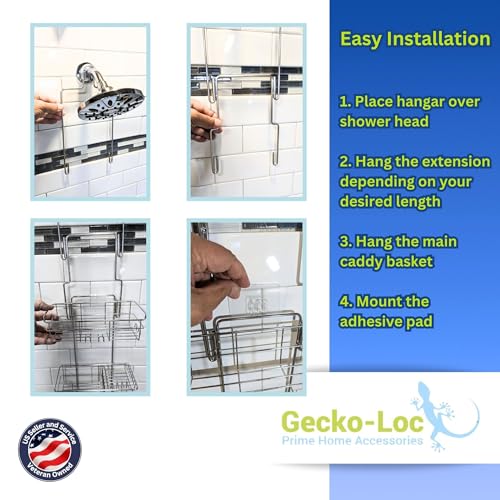 Gecko-Loc Extra-Long Adjustable Over-the-Showerhead Shower Caddy – Rustproof Stainless Steel Organizer with Suction Stabilizer, Deep Basket & Hooks – No-Drill, Tool-Free Installation (Silver) - color: Chrome