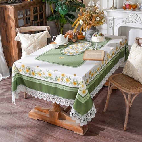 SUTAVIA Tablecloth Rectangular 60”x84” Green Printing Embroidery Lace | Farmhouse Summer Table Cloth Country Sunflower Bird Leaves Table Cover for Home Dining Table Holiday Garden - color: Green, size: 84" x 60" (Rectangular)