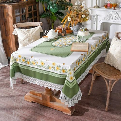 SUTAVIA Tablecloth Rectangular 60”x84” Green Printing Embroidery Lace | Farmhouse Summer Table Cloth Country Sunflower Bird Leaves Table Cover for Home Dining Table Holiday Garden - color: Green, size: 84" x 60" (Rectangular)