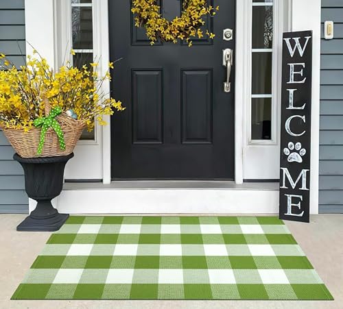 Green White Buffalo Plaid Layered Doormat27.5"x43.3" Cotton Front Porch Rug | Washable Woven Door Mats Outdoor Farmhouse Layering Rug For Front Entryway Decor - color: Green Buffalo, size: 27.5"x43.3"