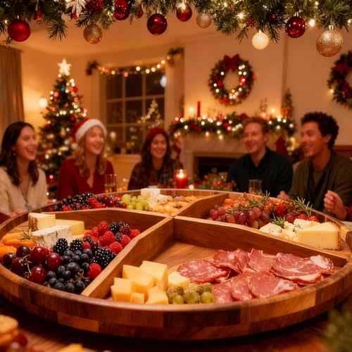 Utoplike Extra Large Acacia Serving Tray, Rotating 23.6'' Charcuterie Board | Cheese Board with Rotating Base, Raised Edge, Removable Dividers, Turntable Organizer Tray for Food, Snacks, Party, Dining - size: 23.6"