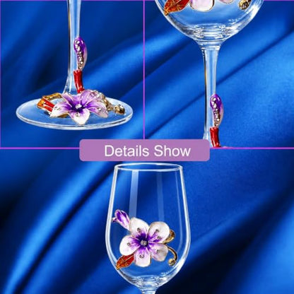 Comeon Flower Wine Glasses Hand Painted Wine Glasses Purple 2 Set (Purple) | Handmade Enamels Purple Floral Design, Gift Box, Long Stem Crystal Red Wine Glasses, Transparent Glass - color: Purple/ 2 set (gift box)