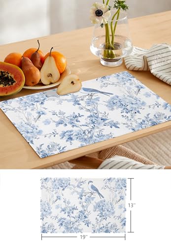 Table Runner and Placemats Set of 4 Blue Flower Decorative Dining Table Runner with Matching Placemats Tree Branch Birds Table Decor for Kitchen Dining Room and Everyday Use 13x70in - size: 13"x70"+4pcs