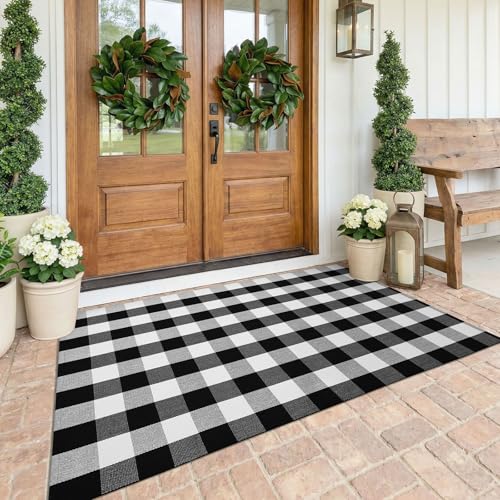 KOZYFLY Buffalo Plaid Area Rug 4 x 6 Ft Black and White Checkered Rug Washable Outdoor Rugs Cotton Rugs for Bedroom Front Door Mat Carpet for Front Porch Living Room Dining Room Kitchen | Washable Outdoor Rugs, Cotton Front Porch Rug, Woven Front Door Rug