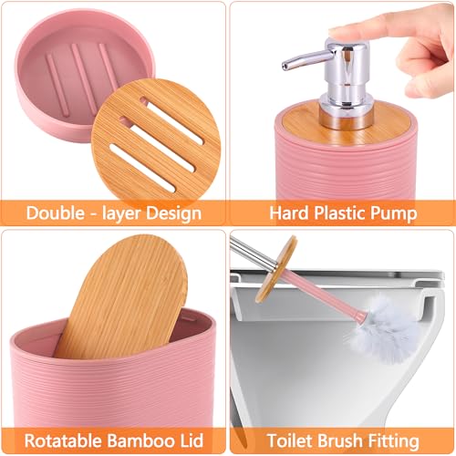 10 PCS Pink Bathroom Accessories Set with Trash Can Bathroom Accessory | All-in-One Kit with Trash Can,Toothbrush Holder,Soap Dispenser,Toothbrush Cup,Vanity Tray,Soap Dish,Toilet Brush etc for Home - color: Pink