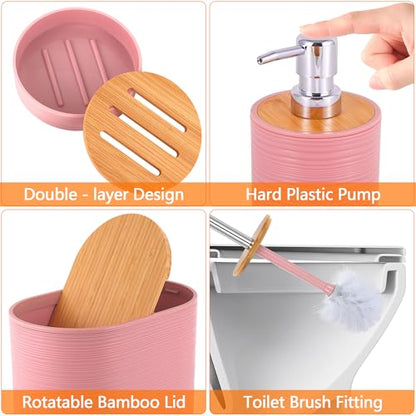 10 PCS Pink Bathroom Accessories Set with Trash Can Bathroom Accessory | All-in-One Kit with Trash Can,Toothbrush Holder,Soap Dispenser,Toothbrush Cup,Vanity Tray,Soap Dish,Toilet Brush etc for Home - color: Pink