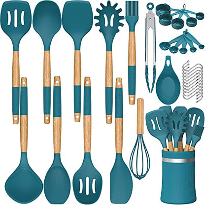 33 PCS Silicone Kitchen Utensils Set, Umite Chef Heat Resistant Cooking Utensils Set With Holder, Wooden Handle Kitchen Gadgets Tools Spatula for Nonstick Cookware