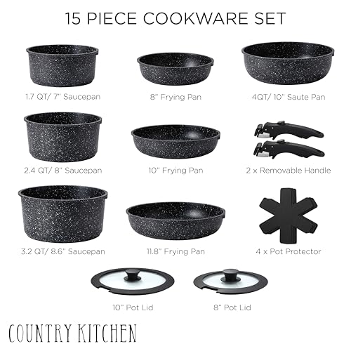 Country Kitchen Cookware Set with Removable Handle, Oven & RV Safe Pots and Pans Set, Black, Deluxe Larger Set - color: Black, size: Larger