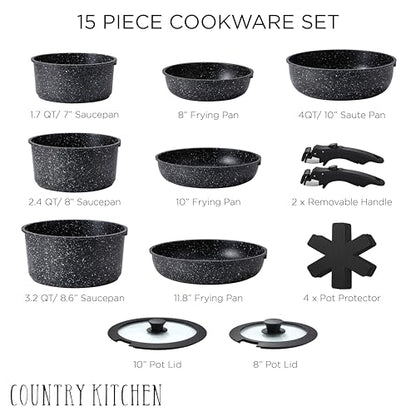 Country Kitchen Cookware Set with Removable Handle, Oven & RV Safe Pots and Pans Set, Black, Deluxe Larger Set - color: Black, size: Larger
