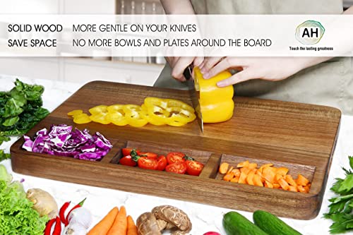 Large Acacia Wood Cutting Board for Kitchen 17x12x1.5 with 3 Compartments, Handles & Juice Groove, Non-Slip Mats, Thick Heavy Duty Butcher Block Charcuterie Board (Gift Box Included) - size: 17"L x 12"W