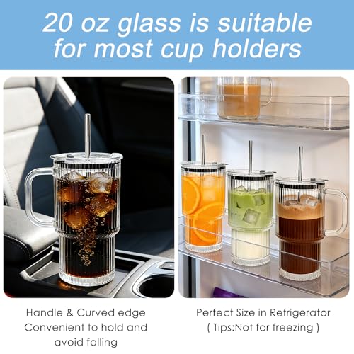 Accguan 6Pack 20oz Ribbed Glass Tumbler with Handle, Straw and Lid | Glass Cup, Reusable lced Coffee Cups with lids for Smoothie,Coffee,Juice,Tea,Travel Mug,Cold & Hot Beverages - size: 20oz with handle-6pcs