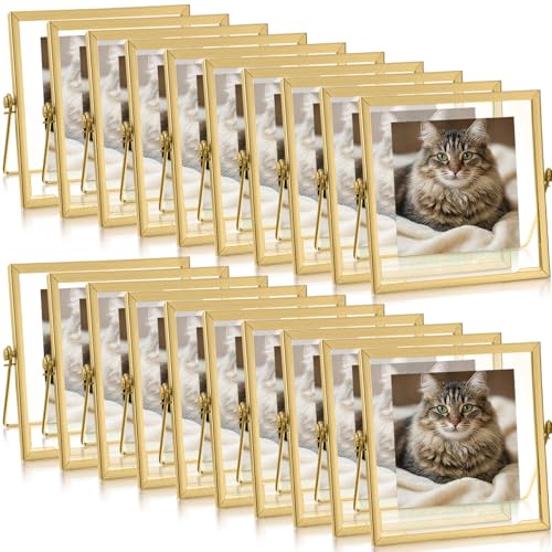 AceOrbit 20 Pack 6 x 6 Inches Gold Floating Frame for Photo 4 x 4 Inch Glass Floating Picture Frame Collection Vintage Metal Minimal Ornate Easel for Wedding Gift Pictures Desk Tabletop Display - size: 4 x 4 Inch