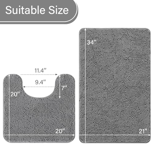 LOCHAS Bathroom Rugs Sets 2 Piece, 20''x20'' & 34''x21'', Light Grey | Non Slip U-Shaped Toilet Rug, Chenille Washable Absorbent, Soft Bath Mat Set for Shower, Sink - color: Light Grey