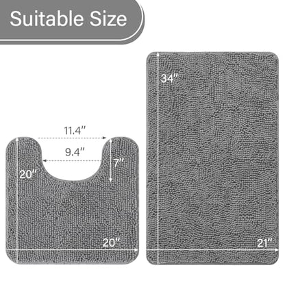 LOCHAS Bathroom Rugs Sets 2 Piece, 20''x20'' & 34''x21'', Light Grey | Non Slip U-Shaped Toilet Rug, Chenille Washable Absorbent, Soft Bath Mat Set for Shower, Sink - color: Light Grey