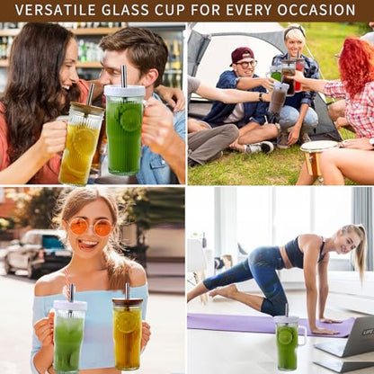 24oz Ribbed Glass Tumbler With Handle,4Pack Glass Cup with Lids and Straws,Reusable Glass Iced Coffee Cups With lids,Mason Jar Cup&Drinking Glasses for Smoothie,Shake,Juice,Soda Water,Tea,Travel