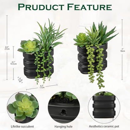 Fake Succulents in Ceramic Pots Dual Use Artificial Succulents Arrangement in Black Vase Hanging Succulents Plants Artificial Small Fake Plants for Desk Office Decor Faux Succulents Desk Plant-2