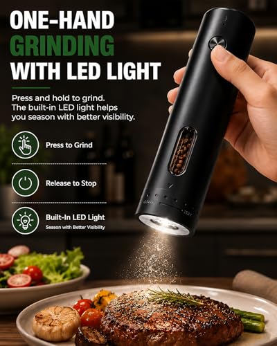 COOLMI Electric Salt and Pepper Grinder Set with Charging Base, 110ml | Rechargeable 2-Pack With 6 Grind Settings, LED Light, Ceramic Grinding Cores, 110ml Top-Fill Chambers, And One-Hand Operation