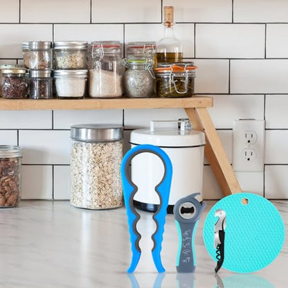 Bloss Jar Opener Can Opener Kitchen Grippers, Multi-use Lid Opener Set | Anti-skid Jar Openers for Weak hands, Seniors with Arthritis, Includes Non-slip Rubber Gripper Pad & Wine Opener, Blue - color: Blue-4pcs