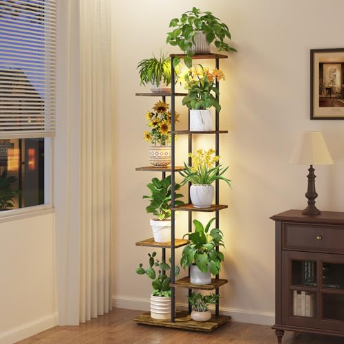 iDavosic.ly Plant Stand Indoor with Grow Lights, Tall 7 Tier Shelf, Brown | Tiered Multiple Flower Holder, Orchid Display Rack for Patio Porch Balcony Outdoor, High Large Narrow Space Saving - color: Rustic Brown with Light, size: 7 Tier