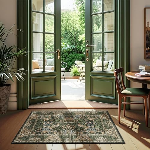 2x3 Washable Area Rug Non-Slip Entryway Rug Indoor Mat Gold Green | Soft Low-Pile Throw Rug,Vintage Distressed Botanical Birds Rug,Stain-Resistant Carpet for Kitchen Bathroom Bedroom Nursery - color: Gold Green (Larger Pattern), size: 2' x 3' (Rectangular