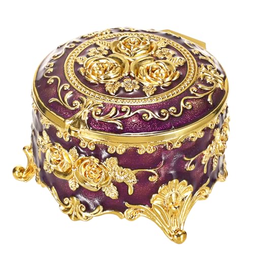 Hipiwe Vintage Jewelry Box Small Trinket Storage Organizer Box Gold Metal Chest Ring Case Treasure Chest Round Keepsake Boxes for Earrings Necklace Gift for Women,Purple - color: Purple, size: Small