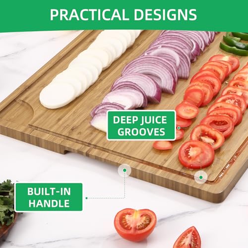 Takywep 24x18 Inch Large Cutting Board for Kitchen, Bamboo Wood Butcher Block Chopping Board with Handles and Juice Grooves, Reversible Cheese Board Charcuterie Serving Tray - color: Light Brown, size: 24"L x 18"W