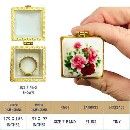 Tiny Square Porcelain Trinket Box | Pink Rose Bouquet | French Style Gift Box with Velvet Bag - style: Pink Rose Bouquet Square