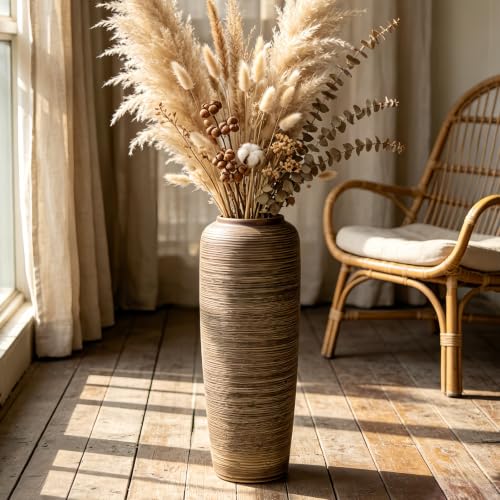 Brown Rustic Ceramic Floor Vase, 19.7 Inch, Ribbed Texture | Living Room, Entryway, Fireplace, Pampas Grass, Dried Branches - size: 19.7 Inch
