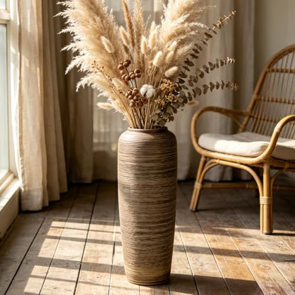 Brown Rustic Ceramic Floor Vase, 19.7 Inch, Ribbed Texture | Living Room, Entryway, Fireplace, Pampas Grass, Dried Branches - size: 19.7 Inch
