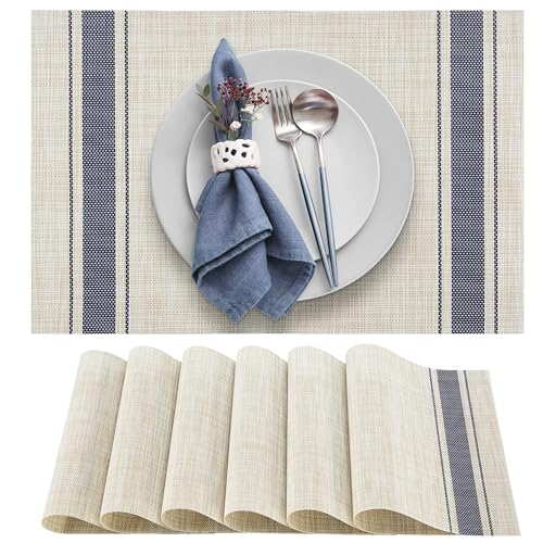 DACHUI Placemats Set of 8, Heat Resistant, Washable Woven Vinyl Place Mats - color: Blue Stripes, size: 8PCS