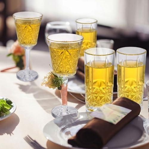 Uiifan 12 Pcs Drinking Glassware Set 6 Highball Glasses 12 oz 6 Glass Goblets 10 oz Crystal Glassware Set Clear Fancy Cups Vintage Textured Designer Cup for Cocktail Tea Water Beer Soda Dishwasher