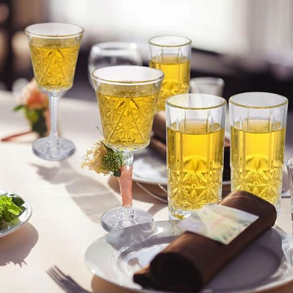 Uiifan 12 Pcs Drinking Glassware Set 6 Highball Glasses 12 oz 6 Glass Goblets 10 oz Crystal Glassware Set Clear Fancy Cups Vintage Textured Designer Cup for Cocktail Tea Water Beer Soda Dishwasher