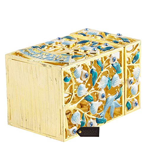 Matashi Hand-Painted Enamel Tzedakah Charity Box Keepsake Treasure Box | Embellished with Crystals and a Tree of Life Motif Design with Gold Accents, Judaica Home Decor Piggy Bank Gift for Holiday
