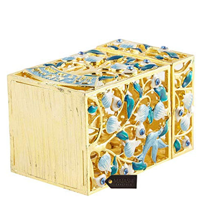 Matashi Hand-Painted Enamel Tzedakah Charity Box Keepsake Treasure Box | Embellished with Crystals and a Tree of Life Motif Design with Gold Accents, Judaica Home Decor Piggy Bank Gift for Holiday