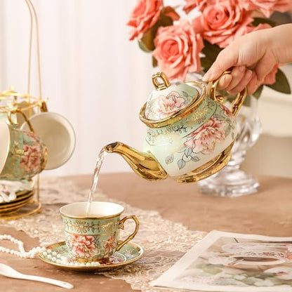20 Pieces Porcelain Tea Set With Metal Holder, European Ceramic tea set for adults,Flower Tea Set,Tea Set For Women With Flower Painting（Light Green） - color: Light Green