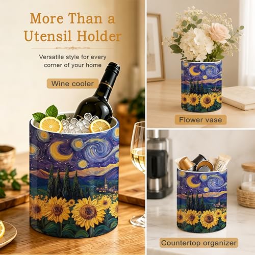 Starry Night Kitchen Utensil Holder,Sunflower Field Ceramic Utensil Crock for Countertop,Cooking Tools Storage jar for Spatulas and Spoons,Housewarming Gifts 6.3" - color: Starry Night Sunflower Field