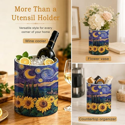 Starry Night Kitchen Utensil Holder,Sunflower Field Ceramic Utensil Crock for Countertop,Cooking Tools Storage jar for Spatulas and Spoons,Housewarming Gifts 6.3" - color: Starry Night Sunflower Field