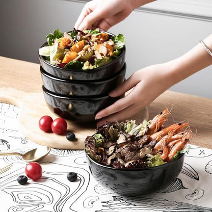 vicrays Ceramic Cereal Bowls Set - Porcelain 26 Ounce Soup Salad Bowls Set - Rice Dessert Cream Bowls Set - Chip Resistant Dishwasher Microwave Safe - Set of 6 (Black) - color: Black