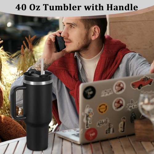 40 Oz Tumbler with Handle, Double Wall Vacuum Insulated Stainless Steel Tumbler with Lid and Straw, 40 oz cup with Silicone Spill Proof Stopper Set (Black-1) - color: Black-1