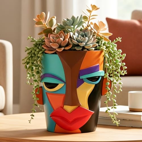 Abstract Face Planter Pot, Modern Face Planter for Indoor Plants, Colorful Cubist-Inspired Resin Plant Pot for Succulents Pothos Faux Flowers, Unique Small Planter for Shelf Table Desk Home Decor - style: Modern