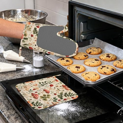 Red Mushroom Forest Strawberry Silicone Oven Mitts and Pot Holders,Heat-Resistant 4 Piece Kitchen Set Non-Slip Oven Gloves and Hot Pads for Cooking, Baking, Grilling,BBQ - color: Red Mushroom Forest Strawberry