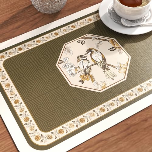 Vinyl Waterproof Placemats Set of 6 Rectangular,12"*17"-Murad E | Wipeable Beautiful Green Place Mats,Stain Resistant,Heat Resistant,Everyday Meals,Kitchen,Dinning,Holiday,Decor - color: Murad E