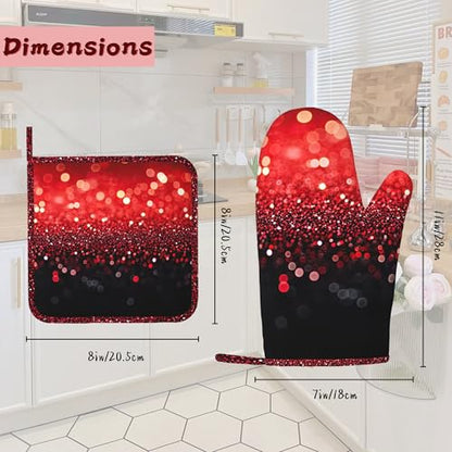 Red Gradient Sparkle Heat-Resistant Silicone Oven Mitts and Pot Holders,Long Oven Gloves with Non-Slip Grip for Cooking, Baking, Grilling,BBQ - color: Red Gradient Sparkle