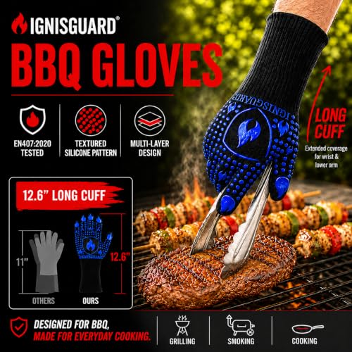 IGNISGUARD® BBQ Gloves, Heat Resistant Grill Gloves, 1 Pair, Blue (M) | EN407:2020 tested with textured silicone grip, three-layer construction and long knit cuff for added wrist coverage. - color: Blue, size: Medium