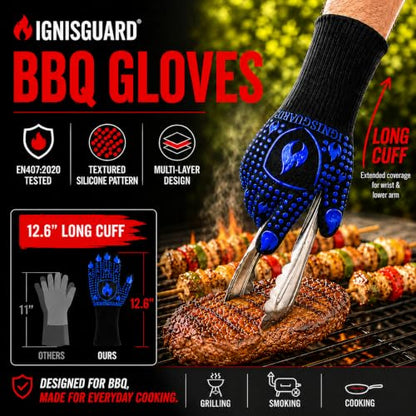 IGNISGUARD® BBQ Gloves, Heat Resistant Grill Gloves, 1 Pair, Blue (M) | EN407:2020 tested with textured silicone grip, three-layer construction and long knit cuff for added wrist coverage. - color: Blue, size: Medium