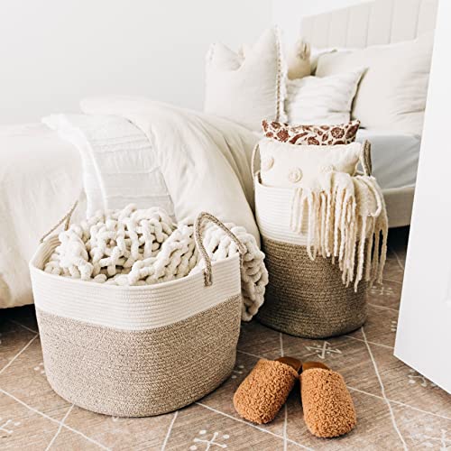 OrganiHaus Round Toy Basket & Blanket Basket, Cotton Rope 20x13" | Brown / Off-White - Round Cotton Rope Basket, 20x13" - color: Brown / Off-White, size: Wide