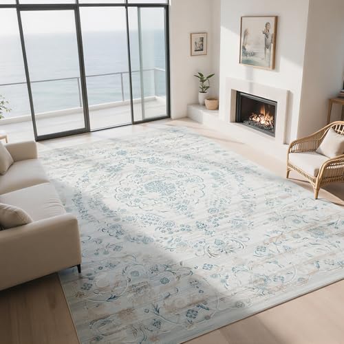 8x10 Boho Washable Area Rugs for Living Room,Bedroom,Dining Room | Ultra Soft Low Pile Faux Wool,Non-Slip & Non-Shedding,Stain Resistant,Large Vintage Floral Carpet for Nursery Farmhouse Home - color: Milky White-light Blue-light Brown, size: 8' x 10' (Re